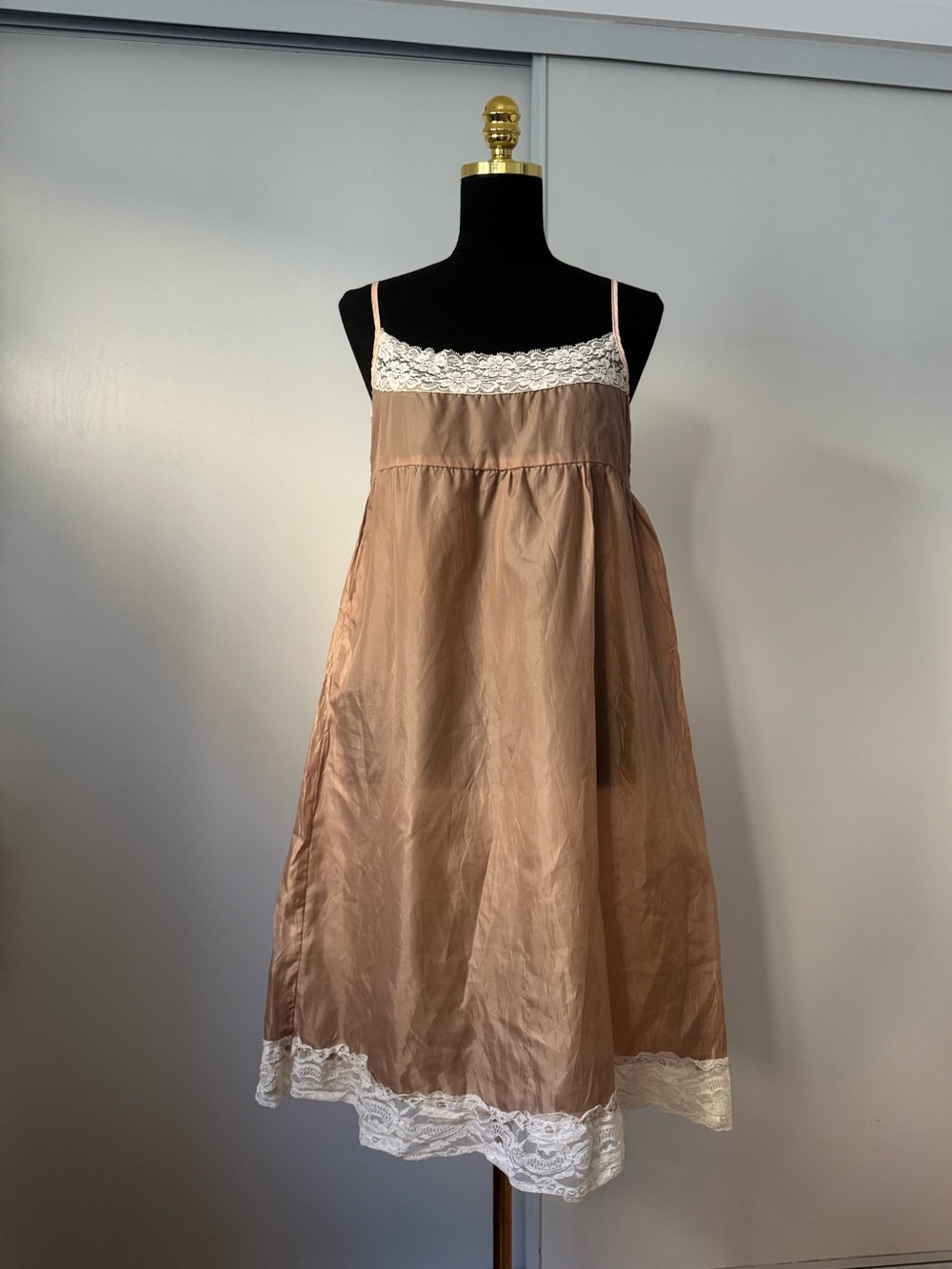 Feminine Lace-Trim Shift Slip Dress in Taupe and Beige